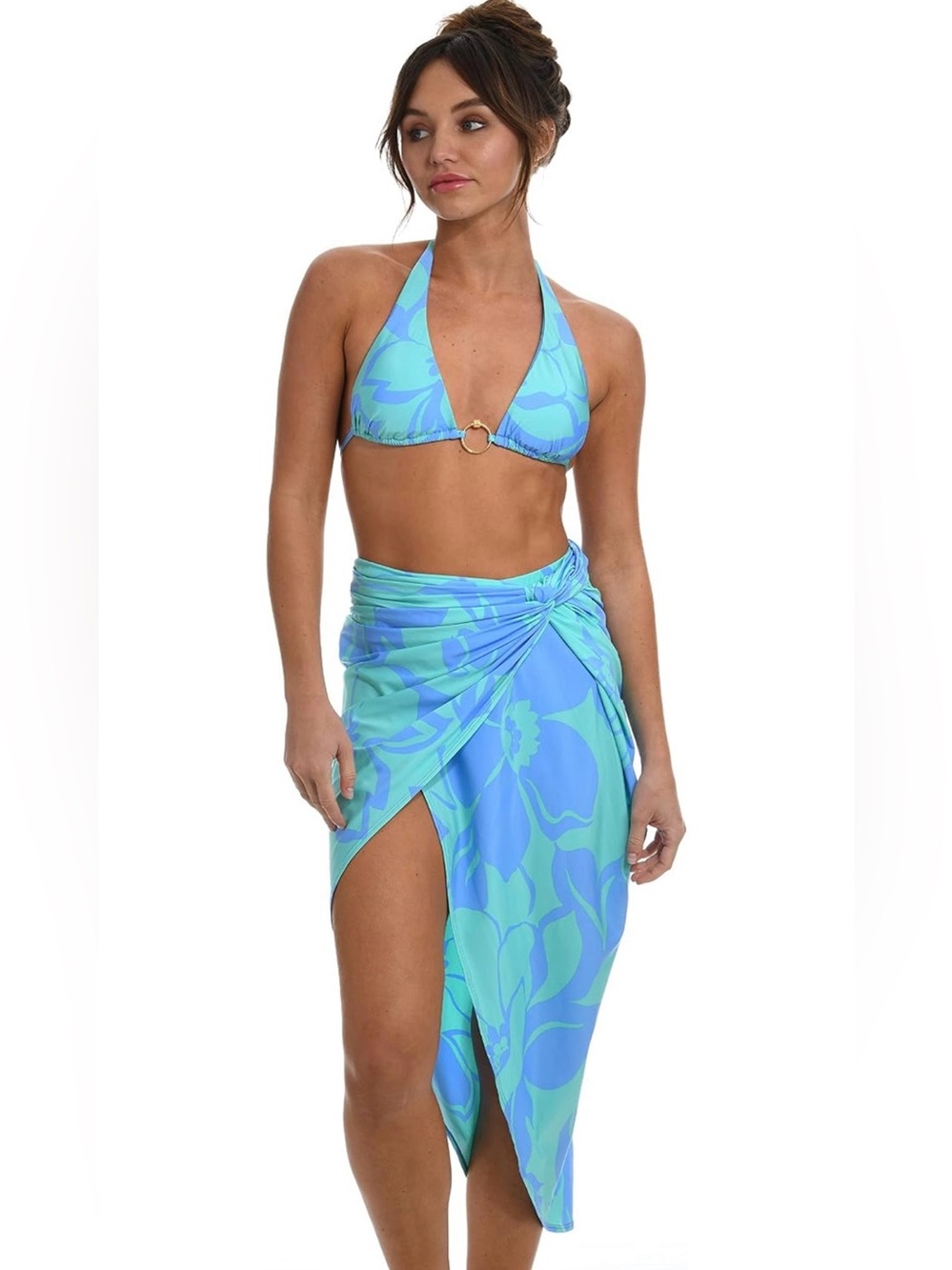 Sunshine 79 Wrap Swimsuit Coverup Skirt Floral Print Blue and Green Size Large